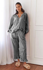 Ruffled Button Top & Wide-Leg Pants Set – Elegant Autumn Two-Piece-HighTouch