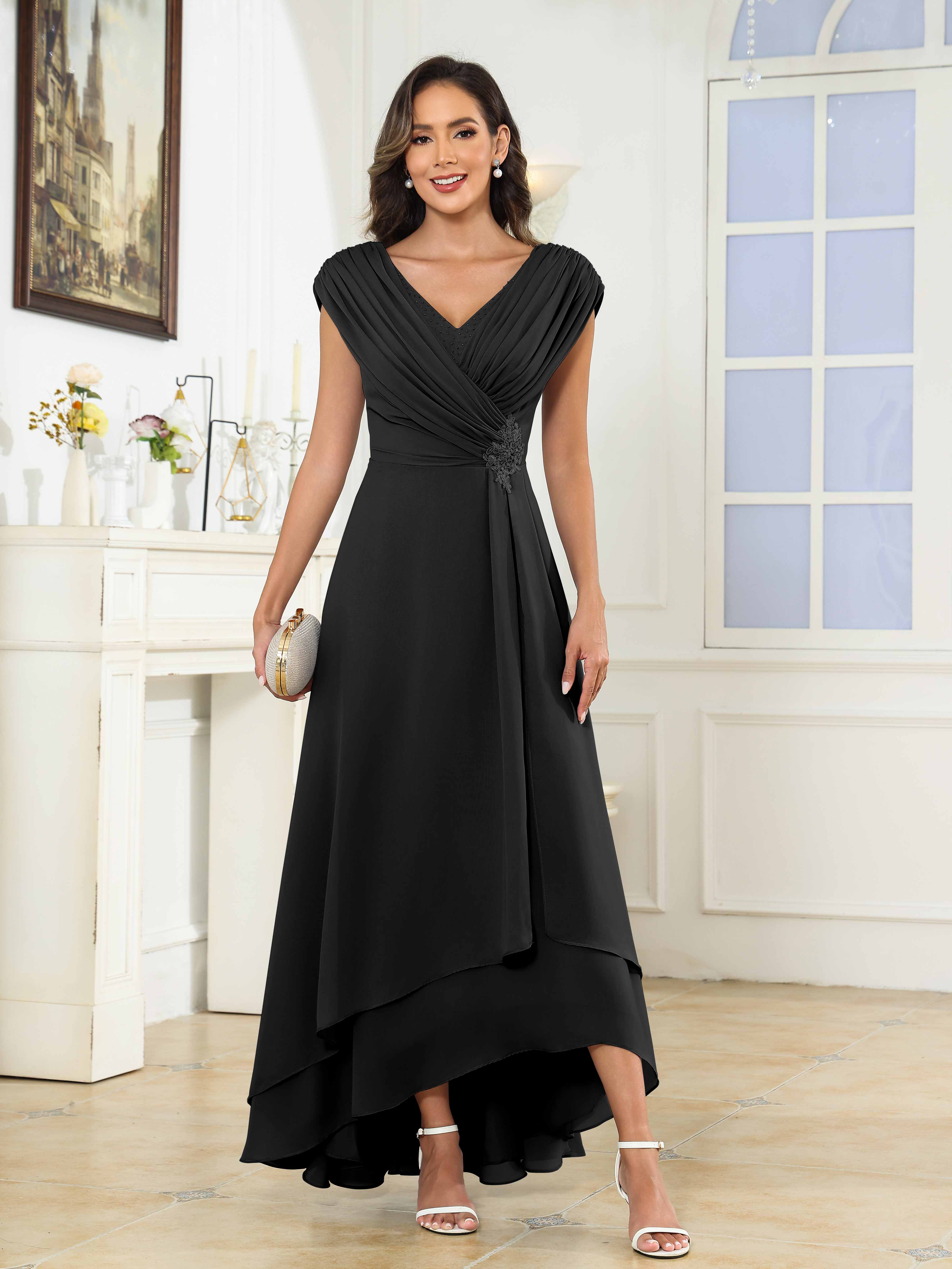 Women's A-Line Beaded Pleated High Low Chiffon Mother Of The Bride Dress