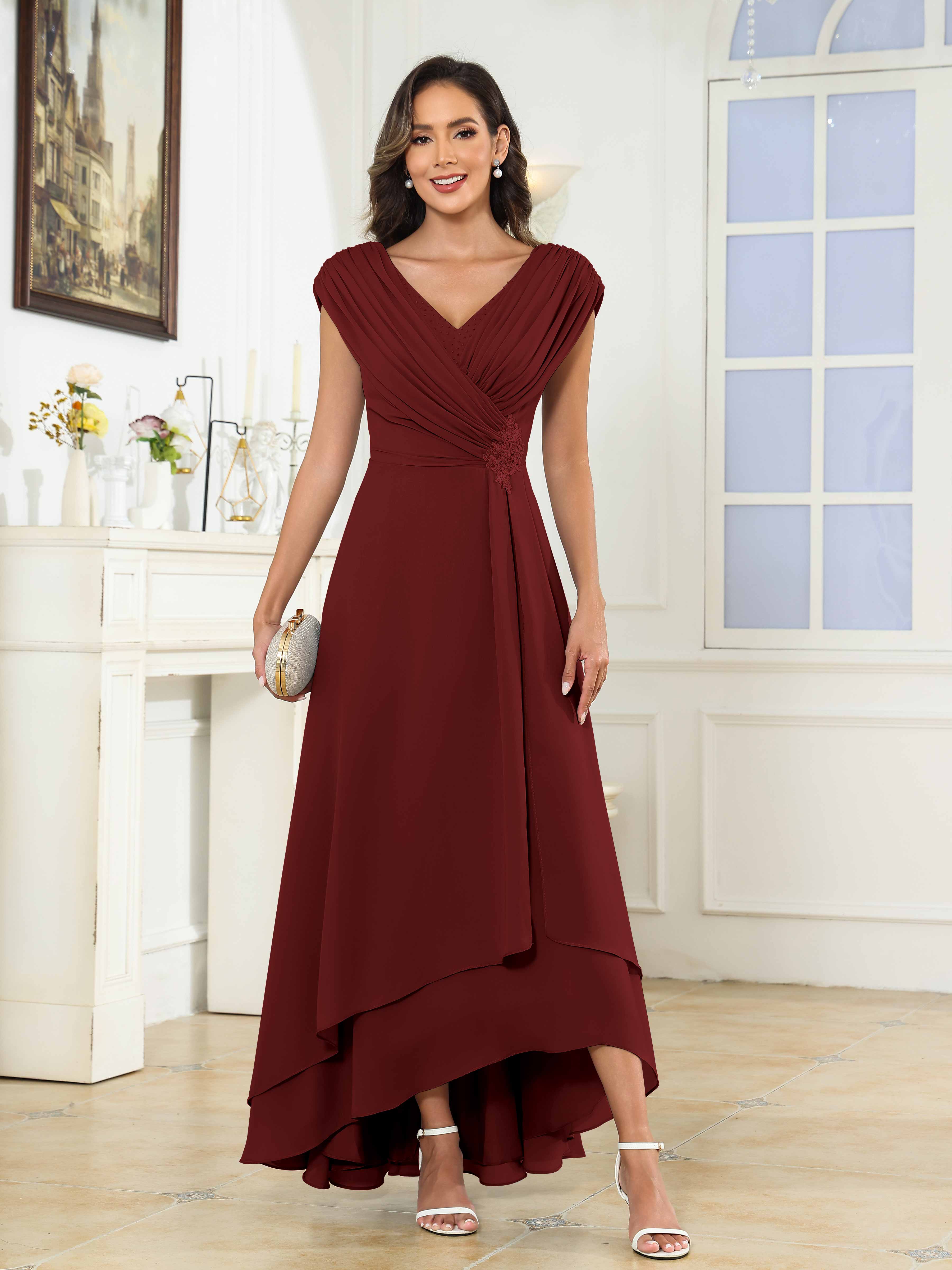 Women's A-Line Beaded Pleated High Low Chiffon Mother Of The Bride Dress
