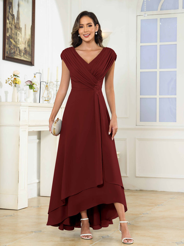 Women's A-Line Beaded Pleated High Low Chiffon Mother Of The Bride Dress