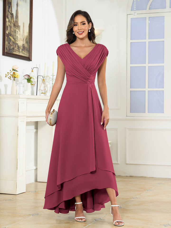 Women's A-Line Beaded Pleated High Low Chiffon Mother Of The Bride Dress