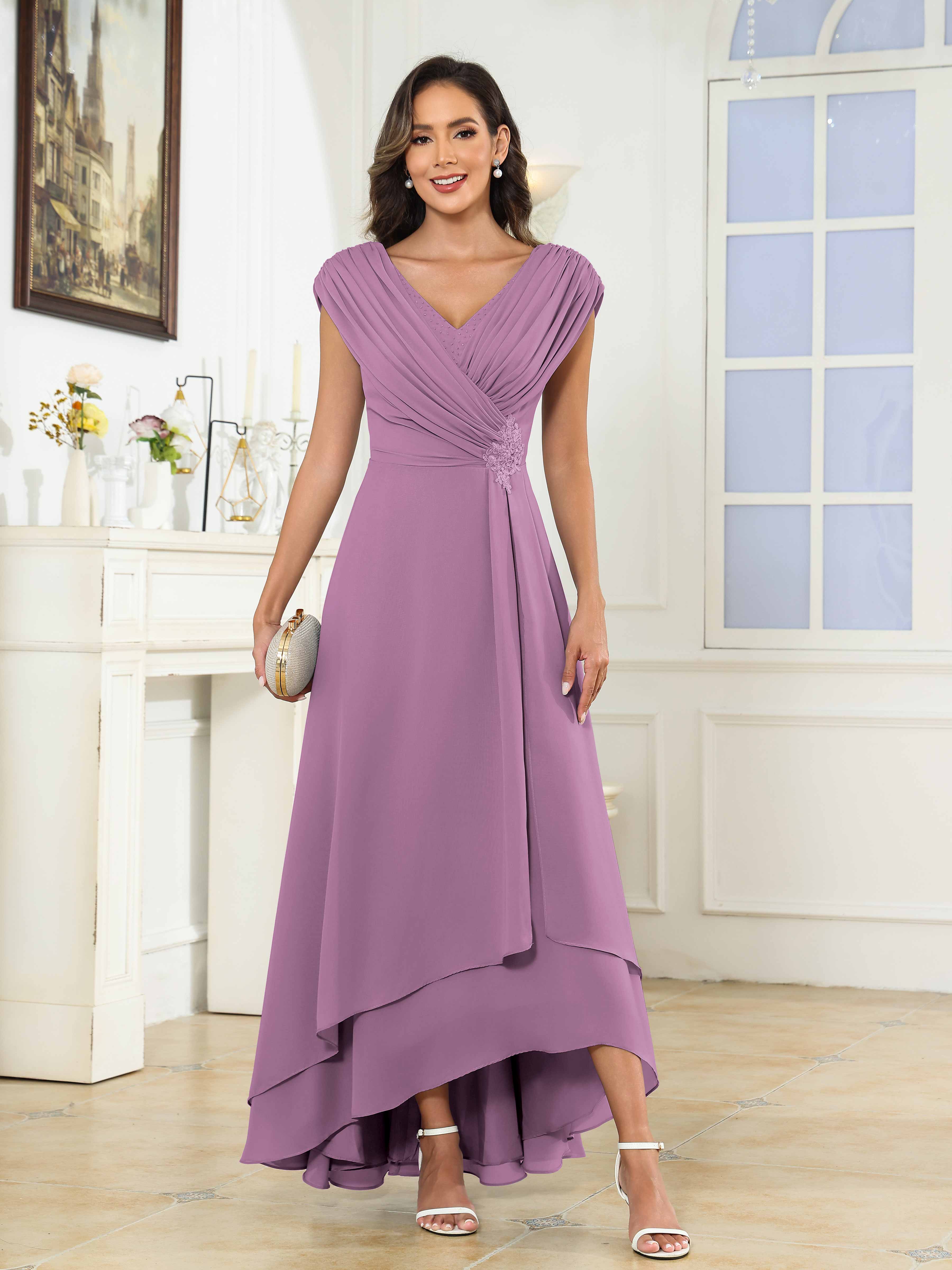 Women's A-Line Beaded Pleated High Low Chiffon Mother Of The Bride Dress