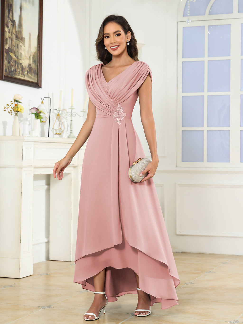 Women's A-Line Beaded Pleated High Low Chiffon Mother Of The Bride Dress