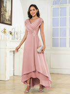 Women's A-Line Beaded Pleated High Low Chiffon Mother Of The Bride Dress