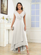 Women's A-Line Beaded Pleated High Low Chiffon Mother Of The Bride Dress