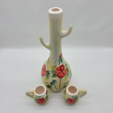 Red Rose Ceramic Jug with Two Mini Cups