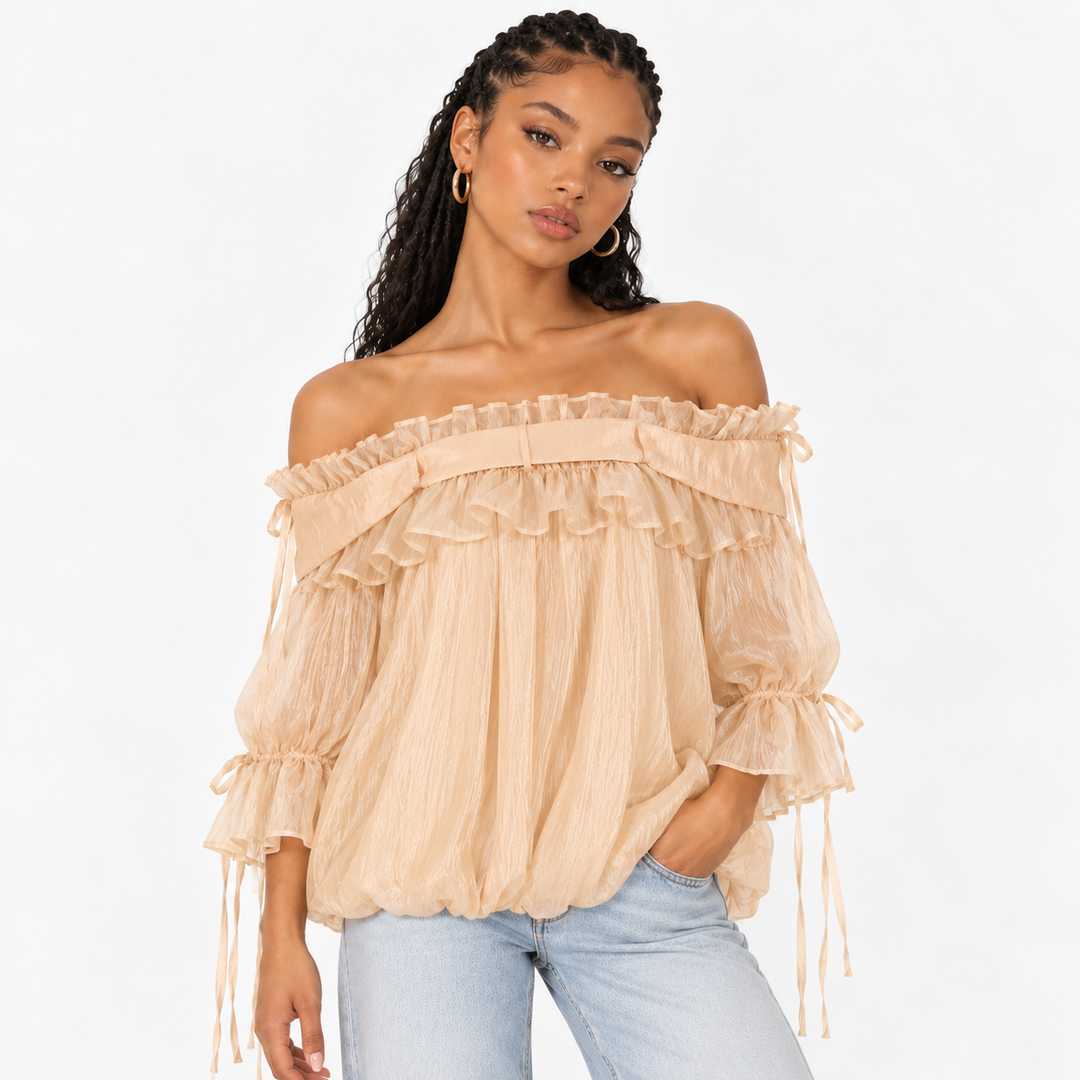 Linger | Champagne Off Shoulder Ruffle Blouse