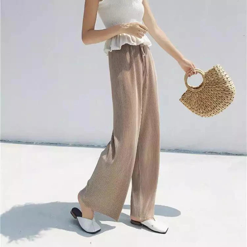 Women’s Ice Silk Wide Leg Pants – Elastic Waist Summer Trousers-HighTouch