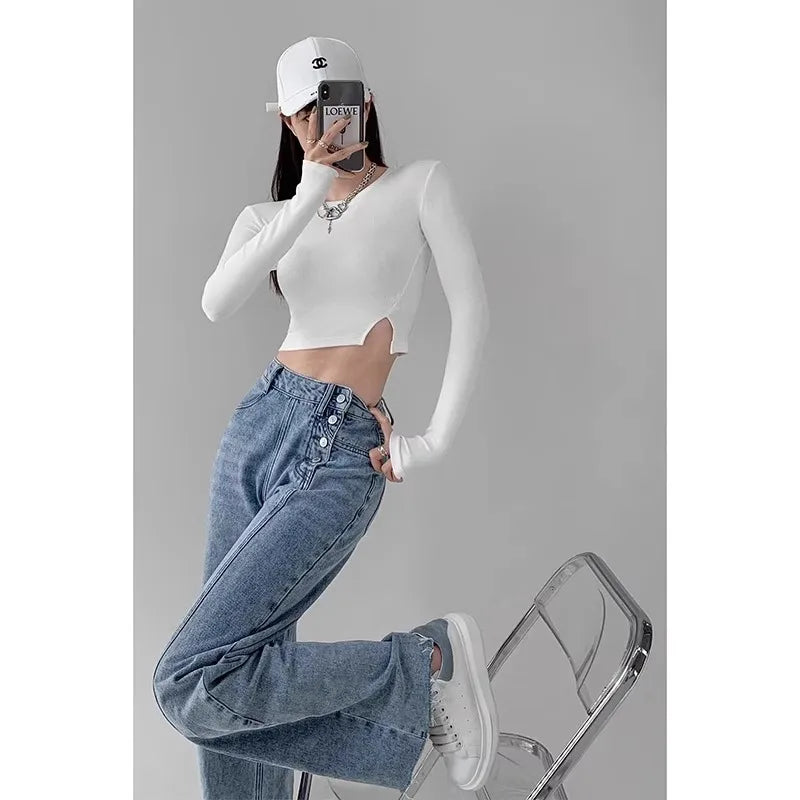 Straight-Leg Wide-Leg High-Waist Relaxed Fit Denim Jeans For Women's-HighTouch