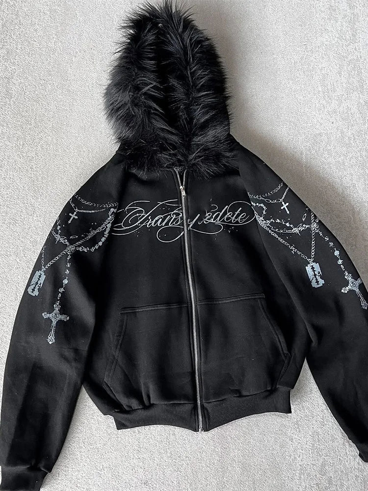 Winter Fashion Streetwear Women's Gothic Punk Faux Fur Hooded Jacket With Cross Print Trendy Edgy Zip - Up Sweatshirt