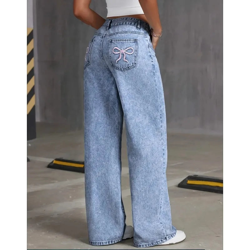 High Waist Wide‑Leg Bow Embroidered Pocket Jeans