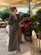 Cotton Lace‑Up Bubble Sleeve Top & Skirt Set-HighTouch