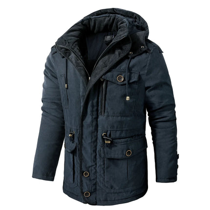 Men’s Hooded Fleece-Lined Cotton Parka – Thickened Mid-Length Winter Coat with Multi-Pockets