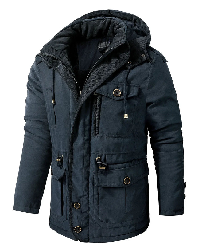 Men’s Hooded Fleece-Lined Cotton Parka – Thickened Mid-Length Winter Coat with Multi-Pockets