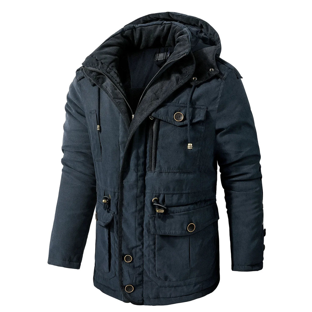 Men’s Hooded Fleece-Lined Cotton Parka – Thickened Mid-Length Winter Coat with Multi-Pockets-HighTouch