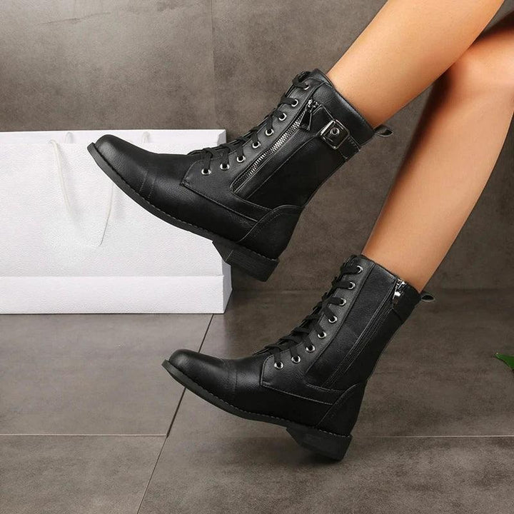 Women's Mid-Calf Lace-Up Boots – Buckle & Zip