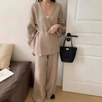 Women’s Knit Matching Set Zip Cardigan Wide Leg Pants Cozy Outfit-HighTouch