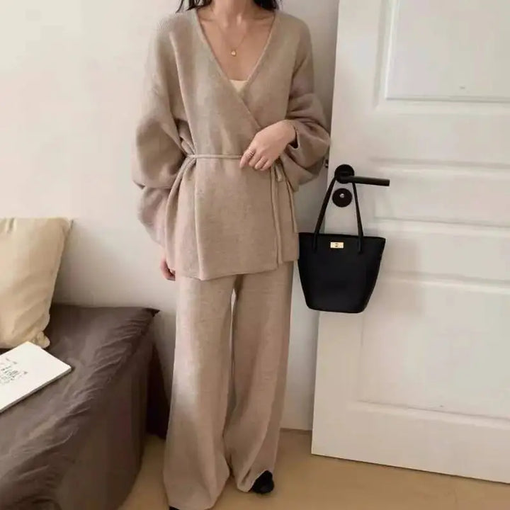 Women’s Knit Matching Set Zip Cardigan Wide Leg Pants Cozy Outfit-HighTouch
