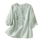 Embroidered Linen Polyster Blouse – Casual 3/4 Sleeve Women’s Top-HighTouch