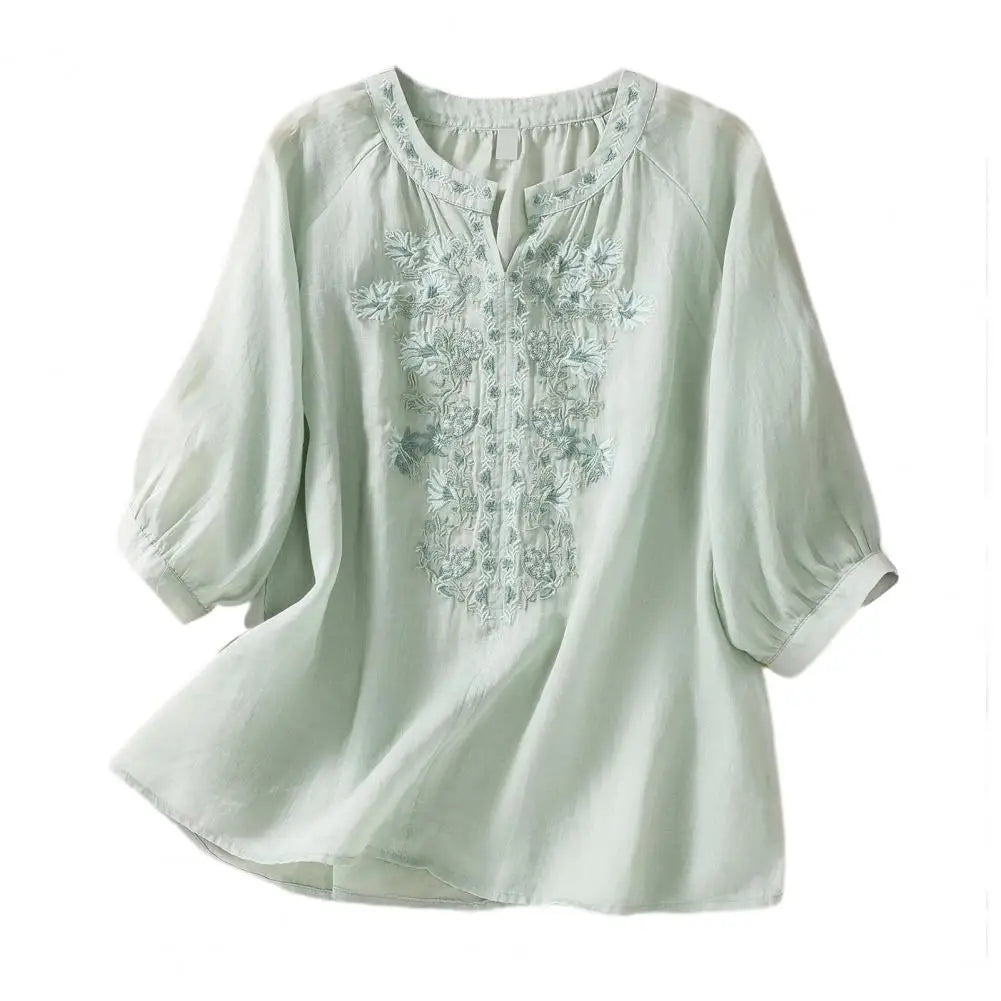 Embroidered Linen Polyster  Blouse – Casual 3/4 Sleeve Women’s Top