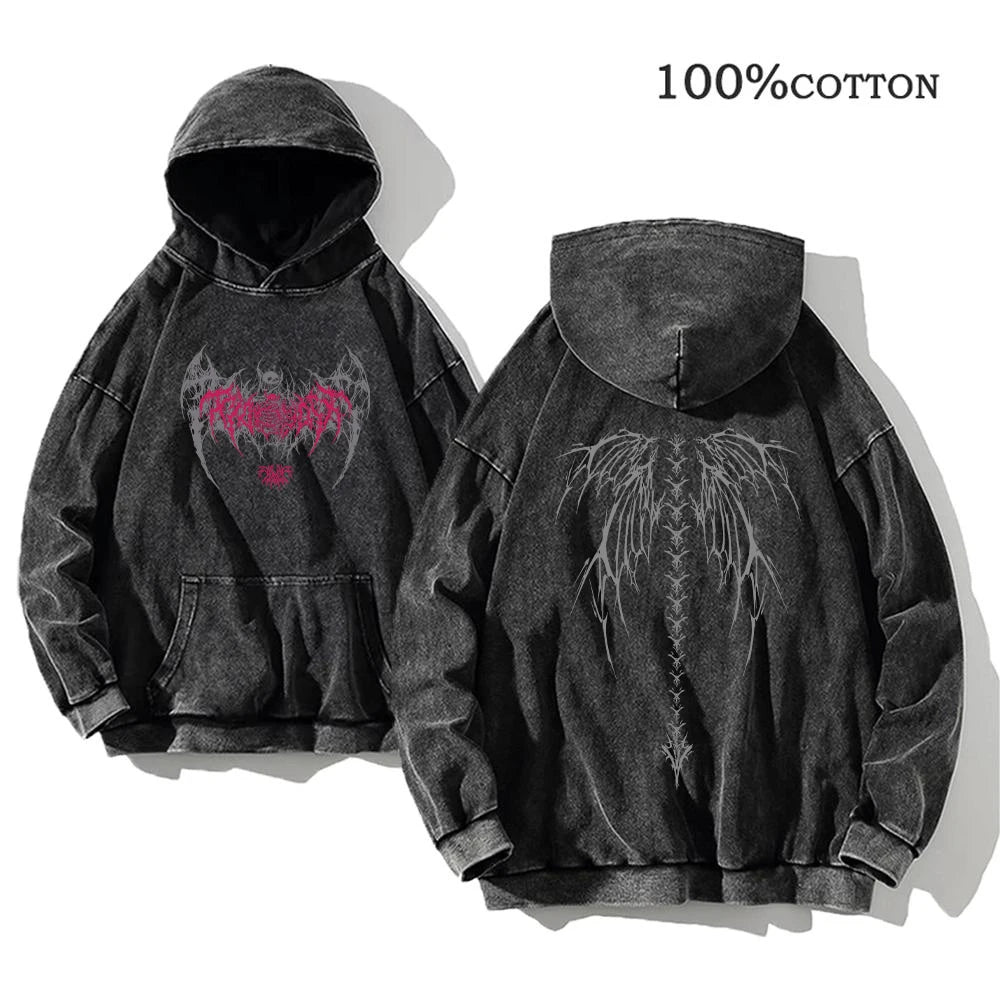 Y2K Washed Hoodies Vintage Cotton Women Men Skull Cross Print Hooded Sweatshirts Oversize Hip Hop Male Pullover Winter Clothes