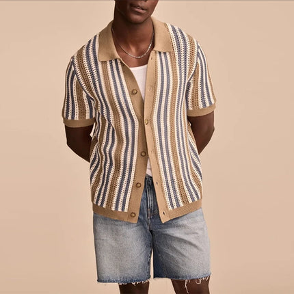 Breathable Hollow-Out Striped Knitted Polo Cardigan for Men