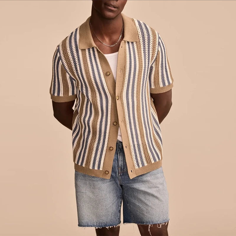 Breathable Hollow-Out Striped Knitted Polo Cardigan for Men