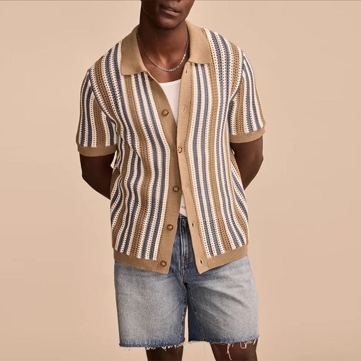 Breathable Hollow-Out Striped Knitted Polo Cardigan for Men-HighTouch