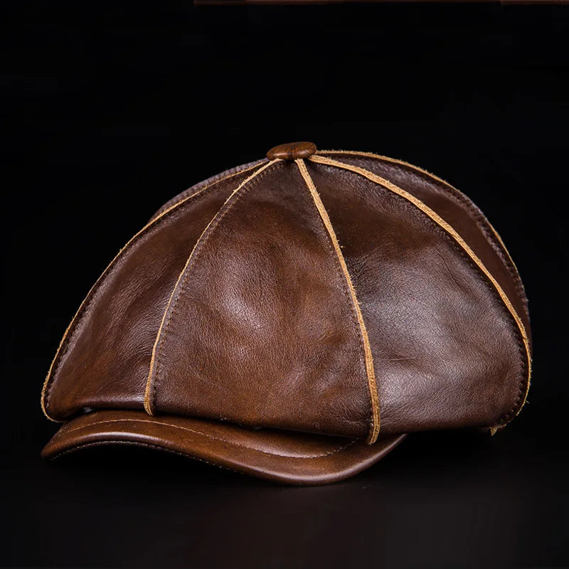 Genuine Cowhide Leather Octagonal Cap – Warm & Adjustable Men’s Style