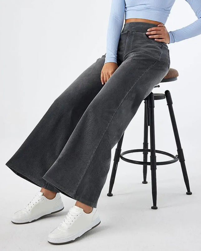 High-Waist Full-Length Solid Colour Jeans – Straight-Wide Leg with Elastic Waist & Pockets