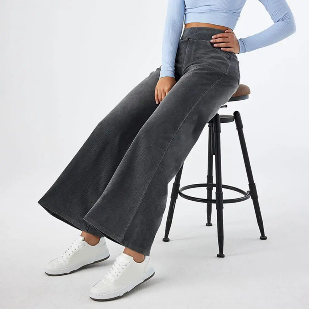 High-Waist Full-Length Solid Colour Jeans – Straight-Wide Leg with Elastic Waist & Pockets-HighTouch