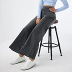 High-Waist Full-Length Solid Colour Jeans – Straight-Wide Leg with Elastic Waist & Pockets-HighTouch