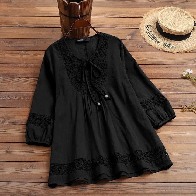 Cotton-Linen Lace Summer Blouse – ¾ Sleeve Casual Top