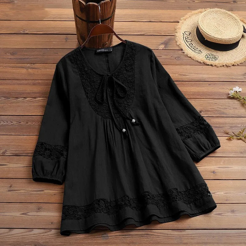 Cotton-Linen Lace Summer Blouse – ¾ Sleeve Casual Top-HighTouch
