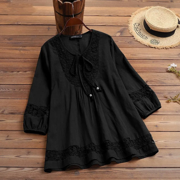 Cotton-Linen Lace Summer Blouse – ¾ Sleeve Casual Top-HighTouch