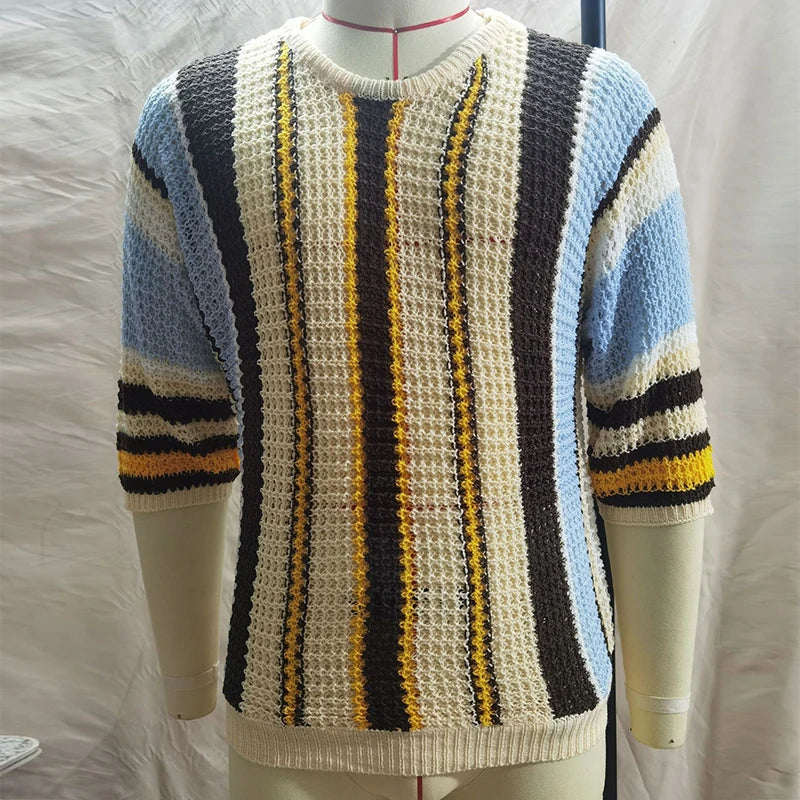 Breathable Striped Hollow Knit Summer T-Shirt for Men-HighTouch