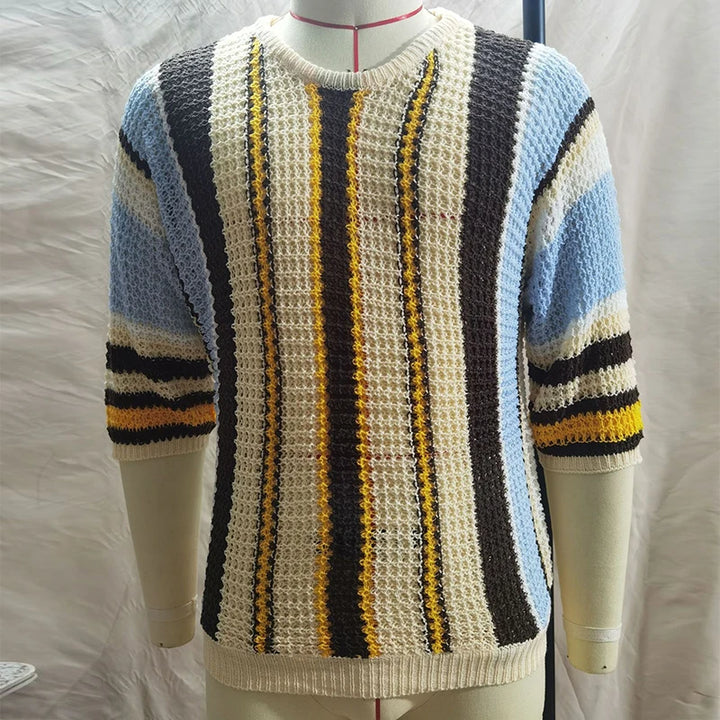 Breathable Striped Hollow Knit Summer T-Shirt for Men-HighTouch