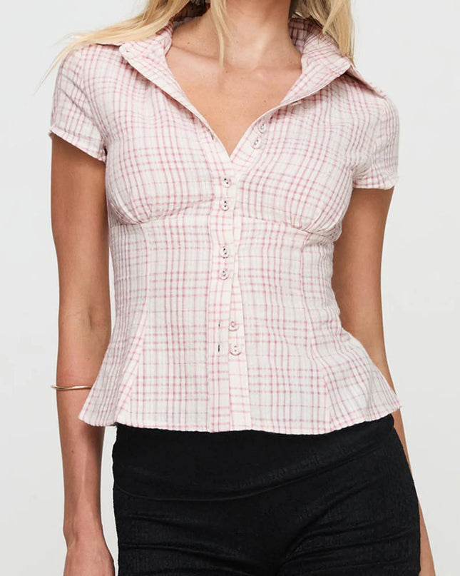 Plaid Button-Down Shirt – 90s Summer Top for Women