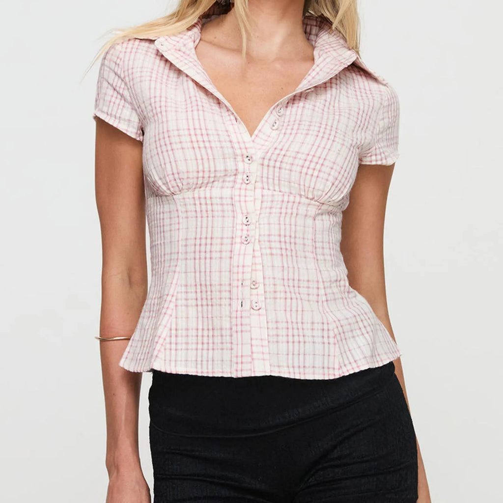 Plaid Button-Down Shirt – 90s Summer Top for Women-HighTouch