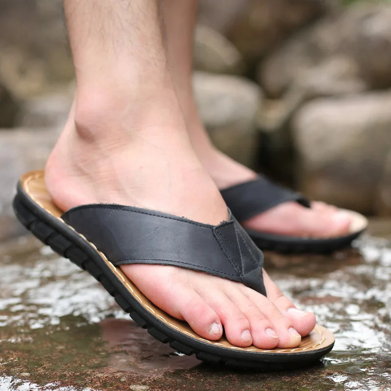 Premium Leather Flip-Flops for Men – Cushioned, Breathable & Non-Slip