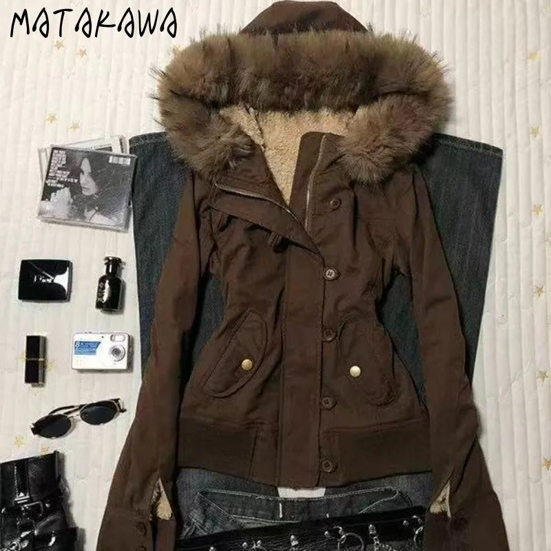 Winter Jacket Women Hooded Faux Fur Trim Fleece Lined Slim Coat