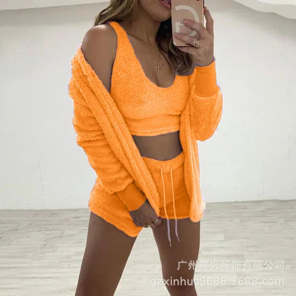 Women’s Plush 3-Piece Loungewear Set – Vest, Hoodie & Shorts for Ultimate Comfort