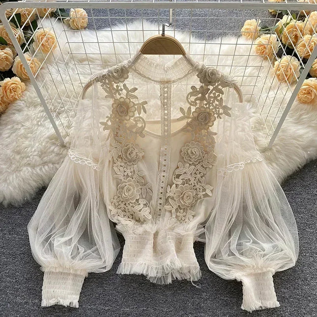 Romantic Lace Puff Long-Sleeve Blouse – Timeless Elegance & Feminine Charm