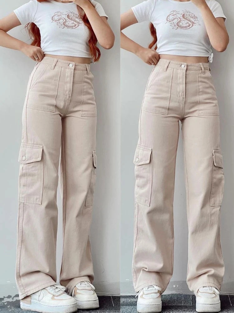 Vintage Y2K Beige Cargo Parachute Pants – Wide-Leg Techwear Joggers Unisex-HighTouch