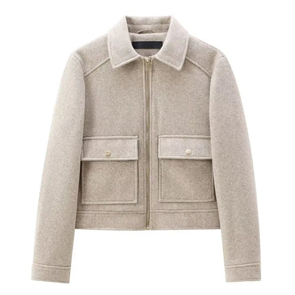 Women's Winter Zipper Jacket - Elegant Short Street Coat with Pockets