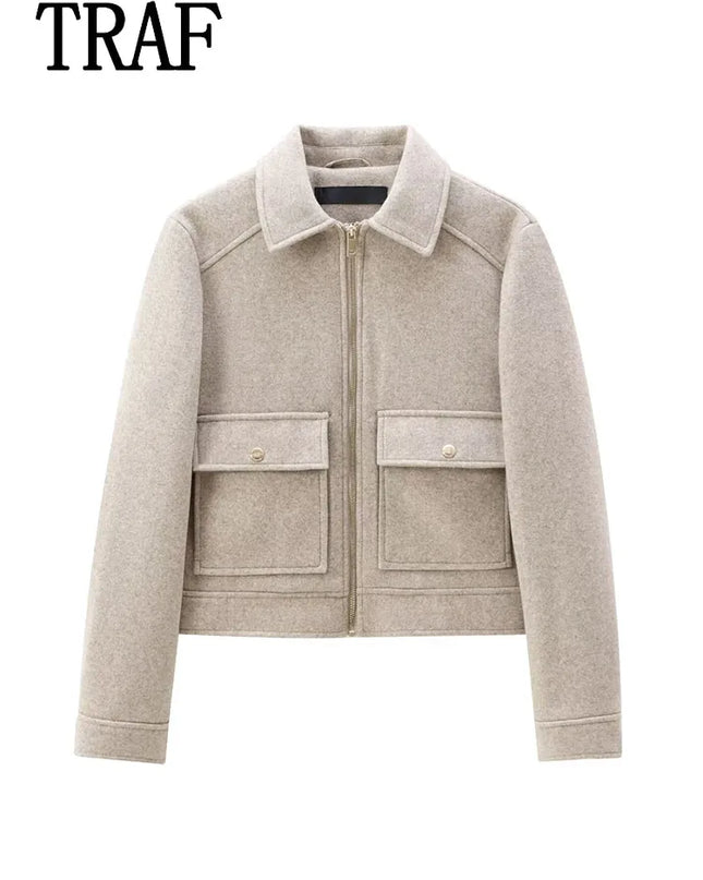 Women's Winter Zipper Jacket - Elegant Short Street Coat with Pockets