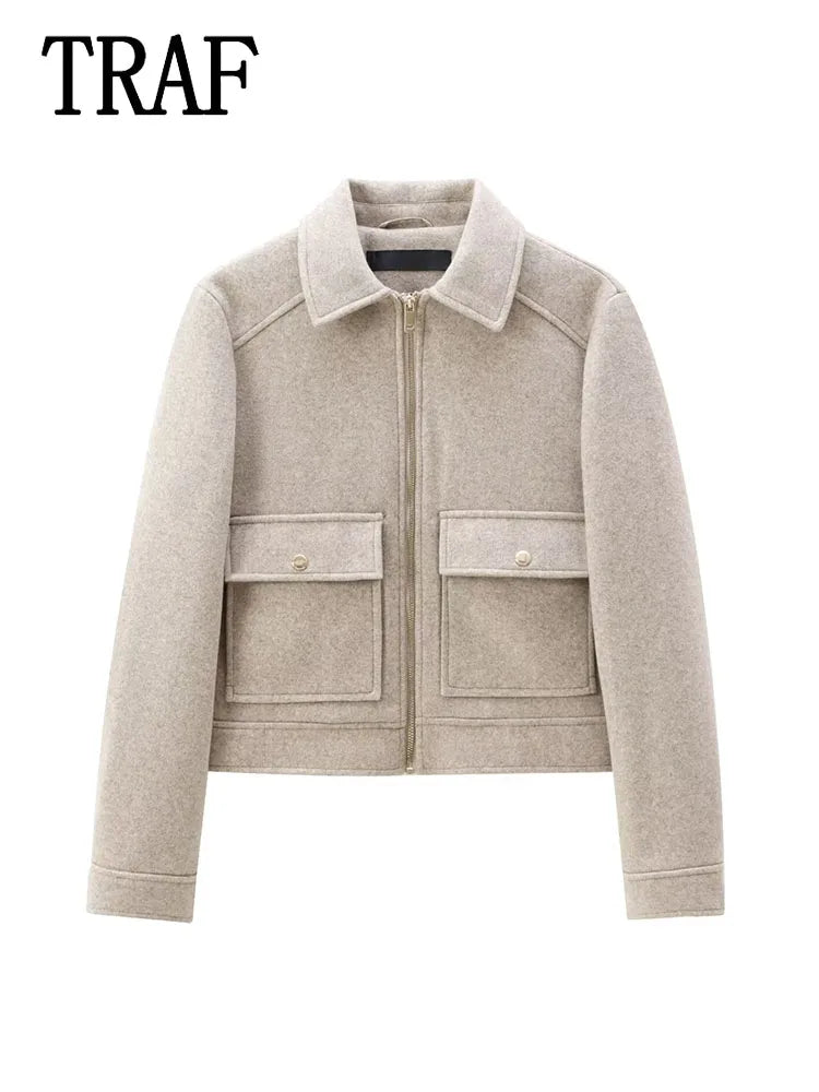 Women's Winter Zipper Jacket - Elegant Short Street Coat with Pockets