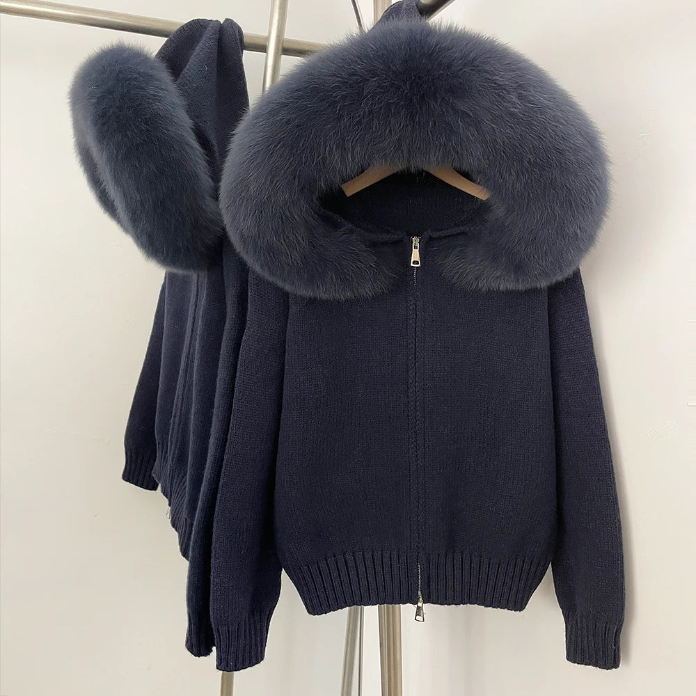 Women’s Hooded Knit Cardigan with Real Fox Fur – Casual Short Coat-HighTouch