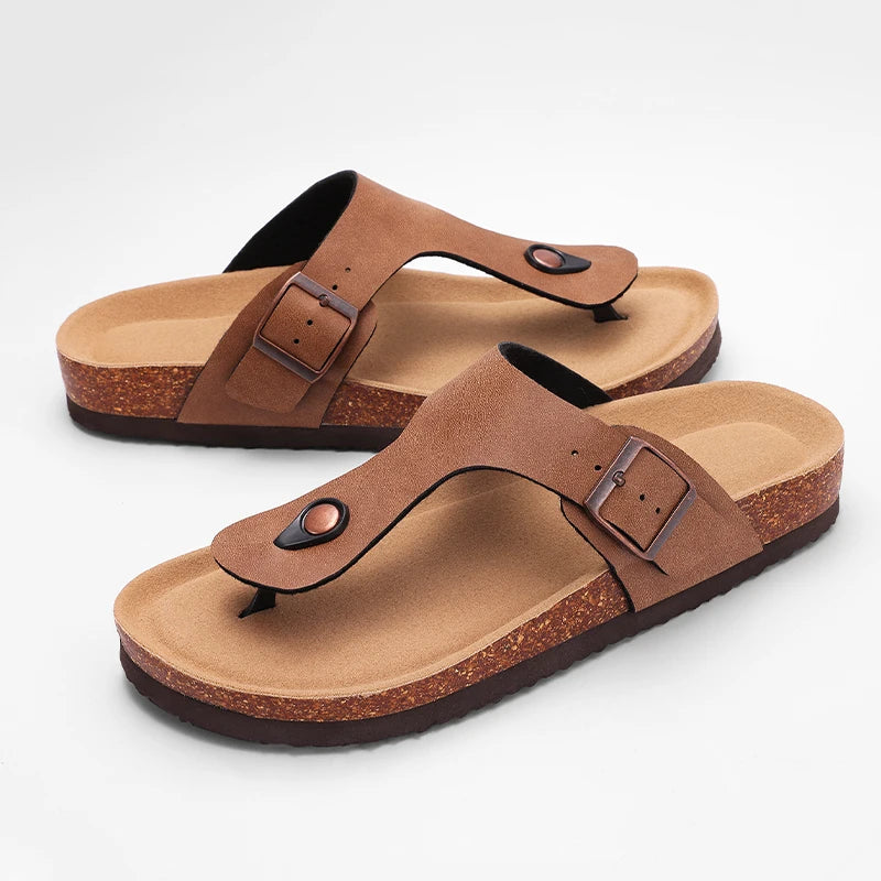 Women's Leather Cork Footbed Sandals – Adjustable Buckle Flats for All-Day Comfort