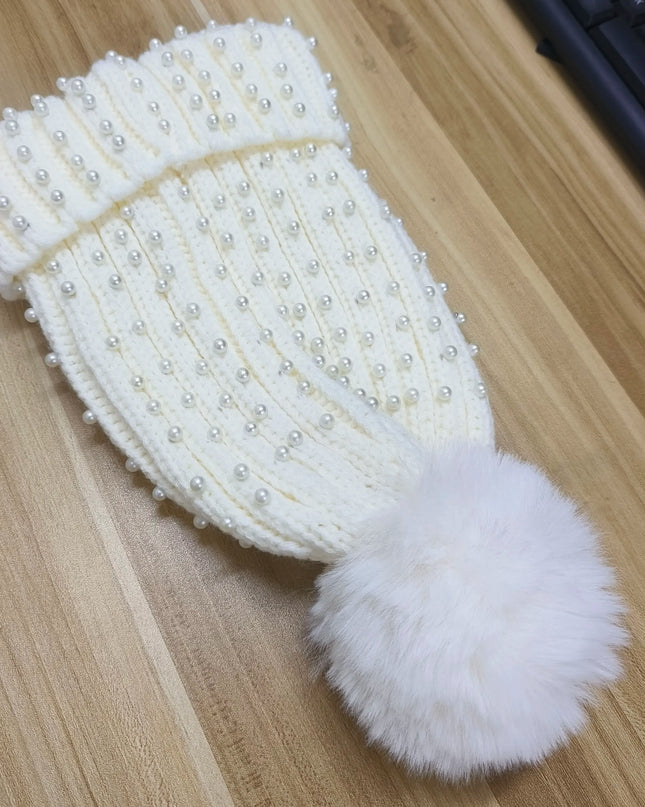 Pearl & Rhinestone Pom Pom Beanie